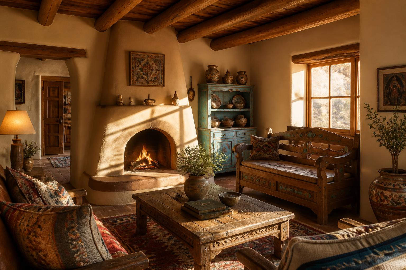 Santa Fe adobe interior with handcrafted furniture